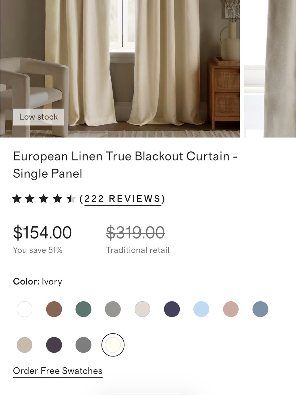 Quince European Luxe Linen Blackout Flax 
curtain panel 96x108 (one panel) - Picture 3 of 5